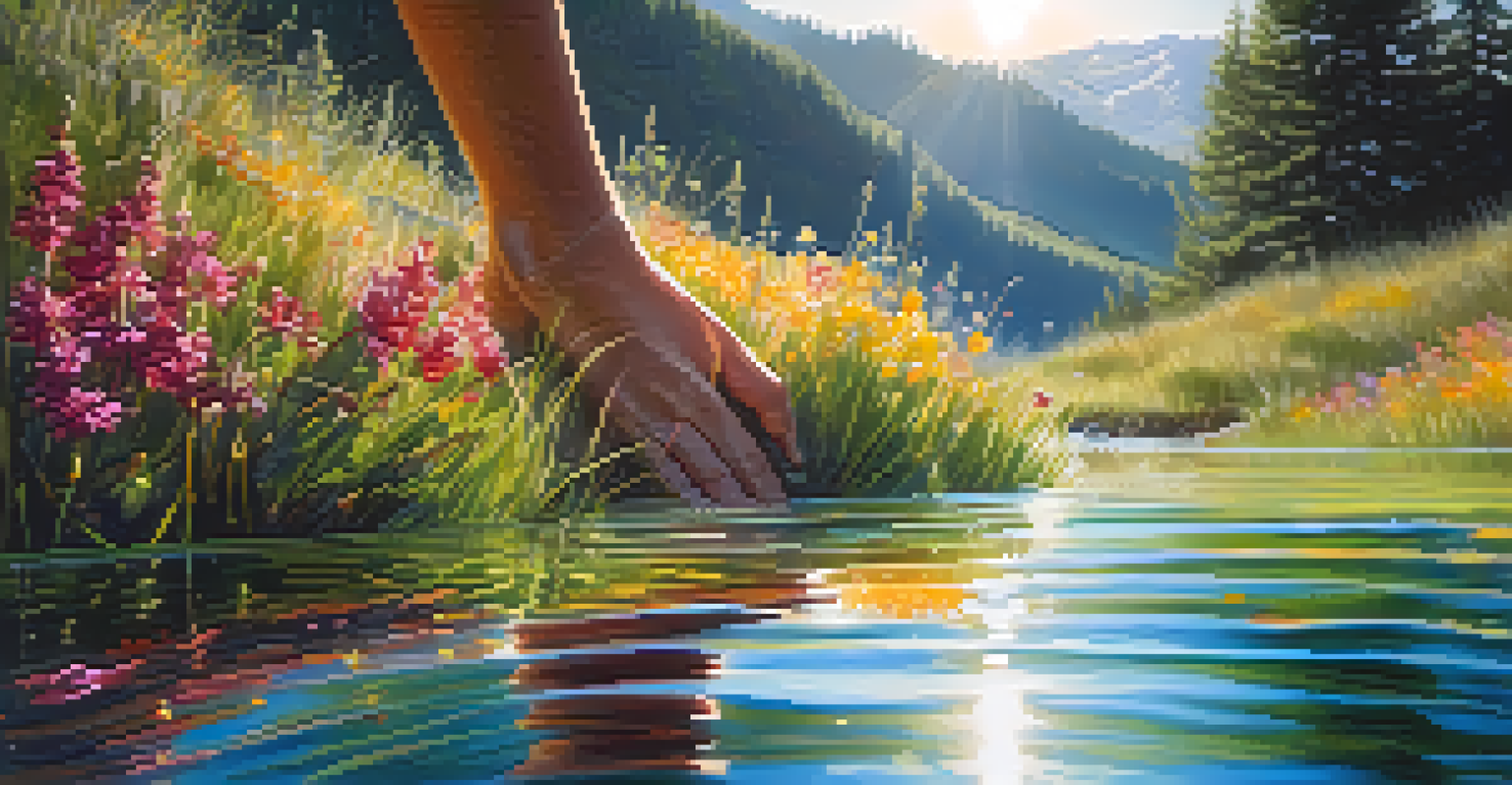 A close-up of hands in hot spring water surrounded by flowers and sunlight, symbolizing connection with nature.