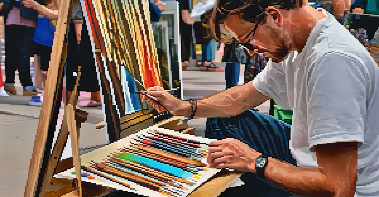 A local artist painting live at Boulder’s Art Walk, showing detailed brushwork and vibrant colors, with an engaged audience watching in the background.
