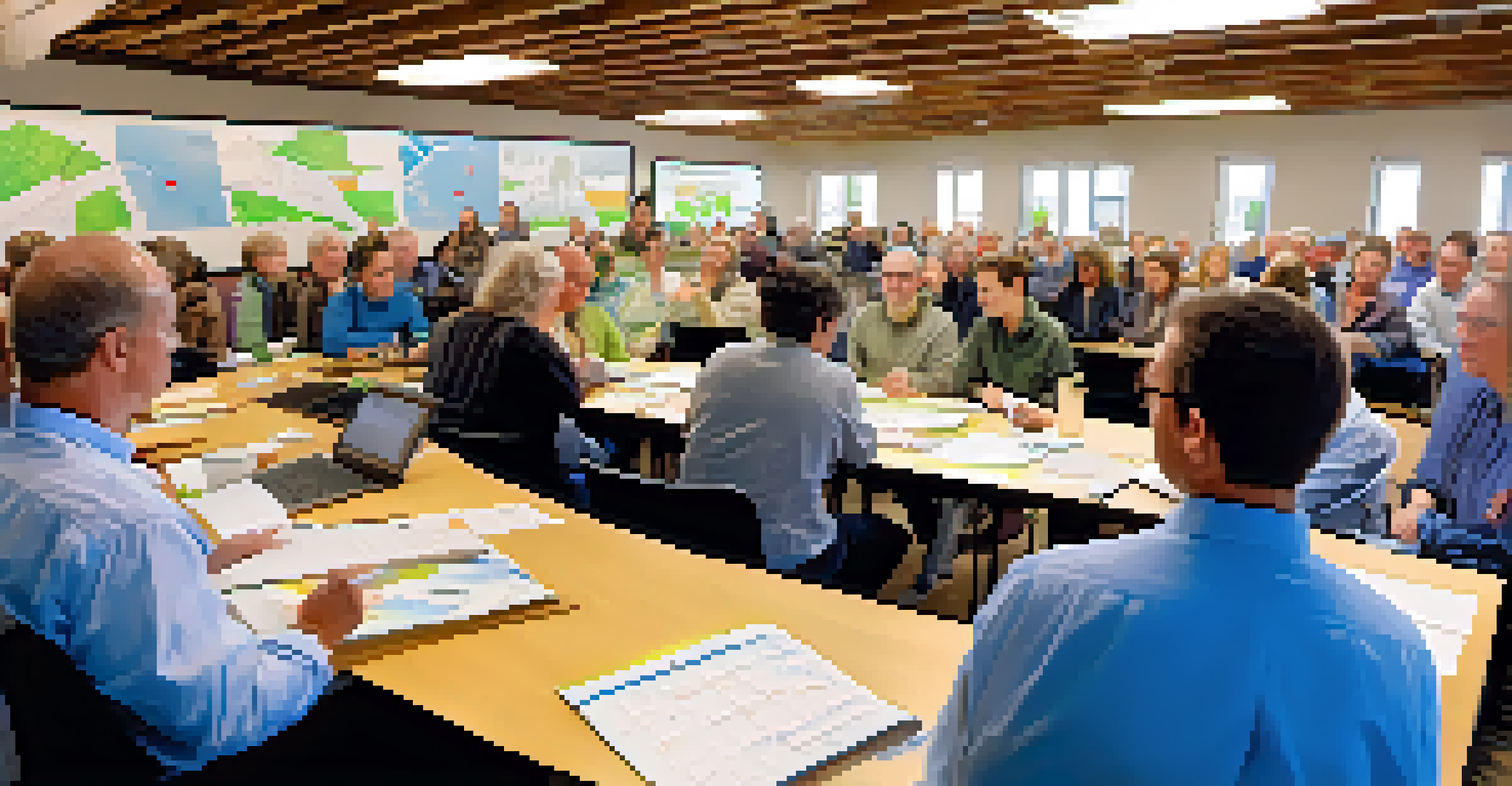A community meeting in Boulder discussing renewable energy, featuring diverse participants and visual aids on the table.