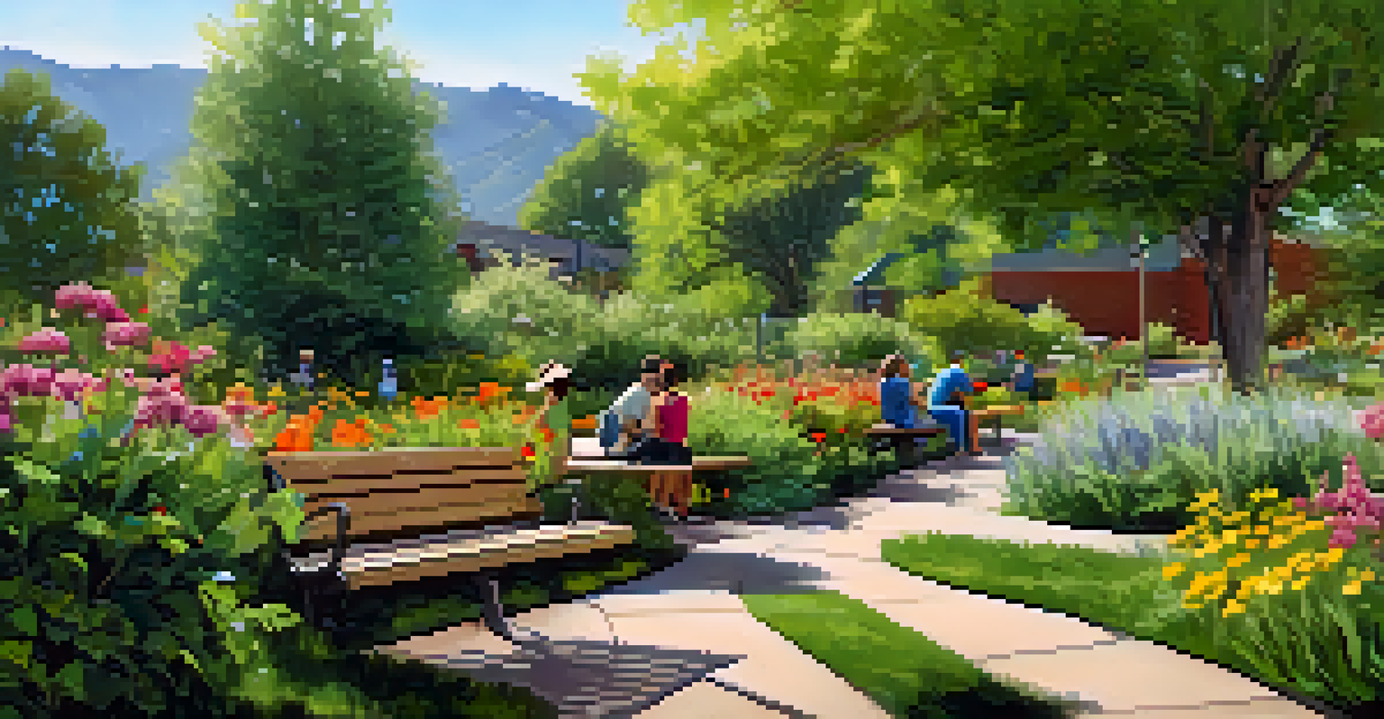 A peaceful garden with winding paths and blooming flowers, where visitors are enjoying a calm and serene environment.