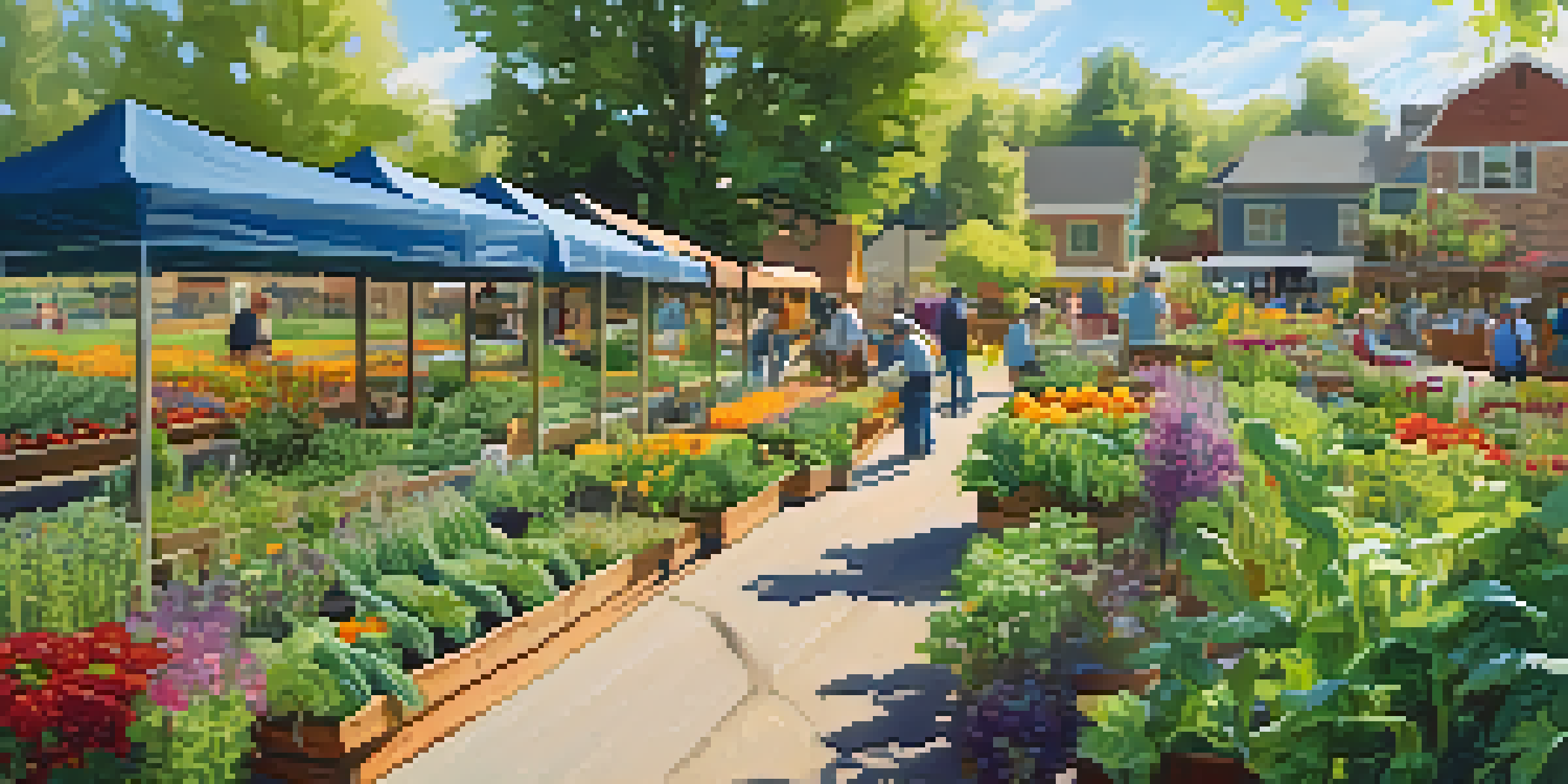 A community garden with residents gardening, surrounded by colorful vegetables and flowers.