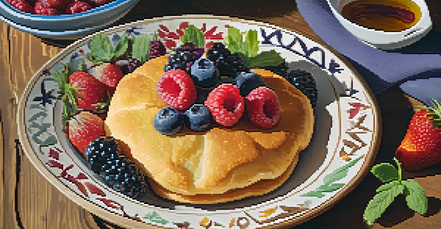 A plate of Native American frybread decorated with berries and flowers, placed on a rustic table.