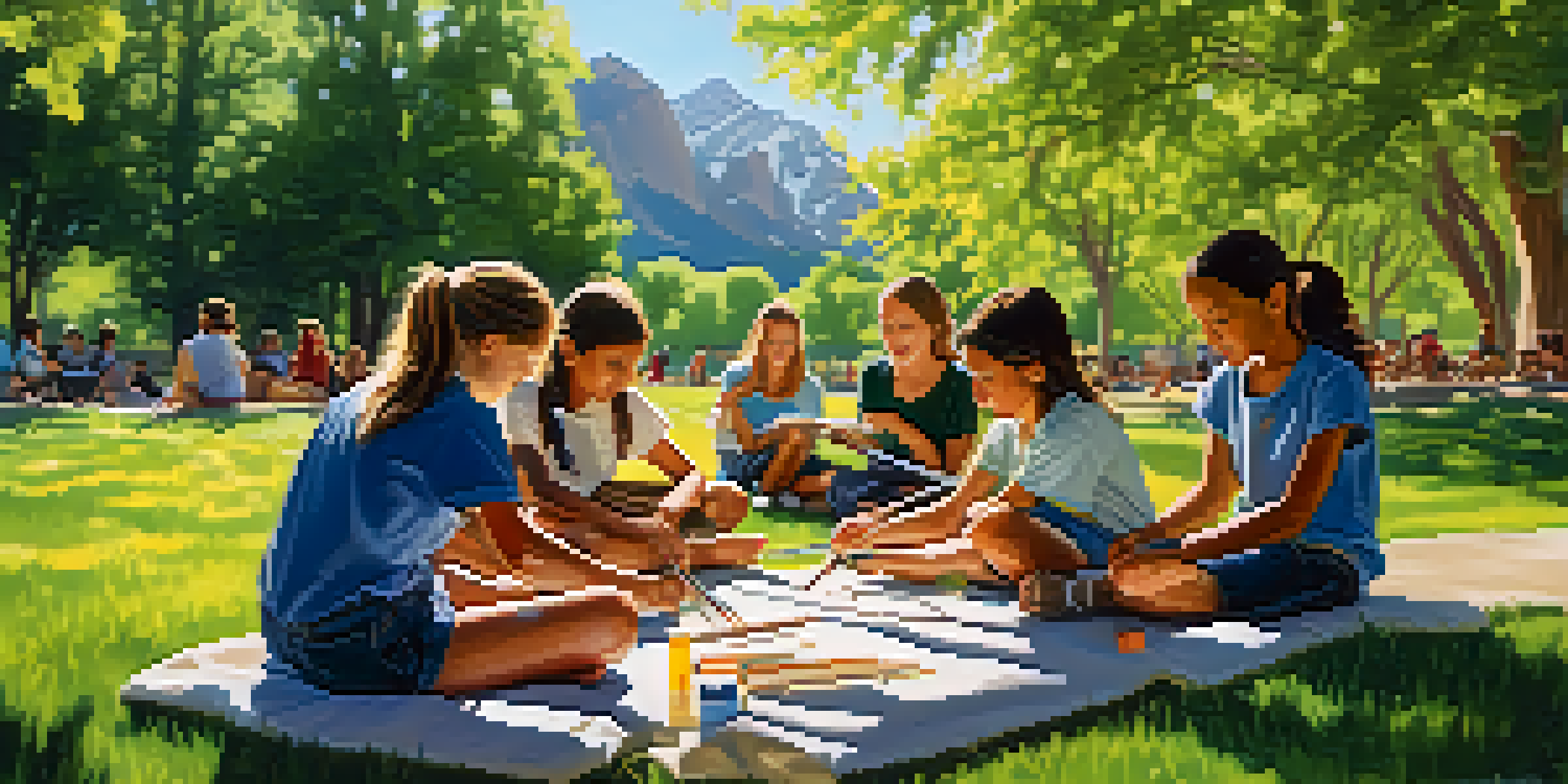 A diverse group of students in an outdoor classroom in Boulder, engaged in hands-on learning with trees and the Flatirons mountains in the background.