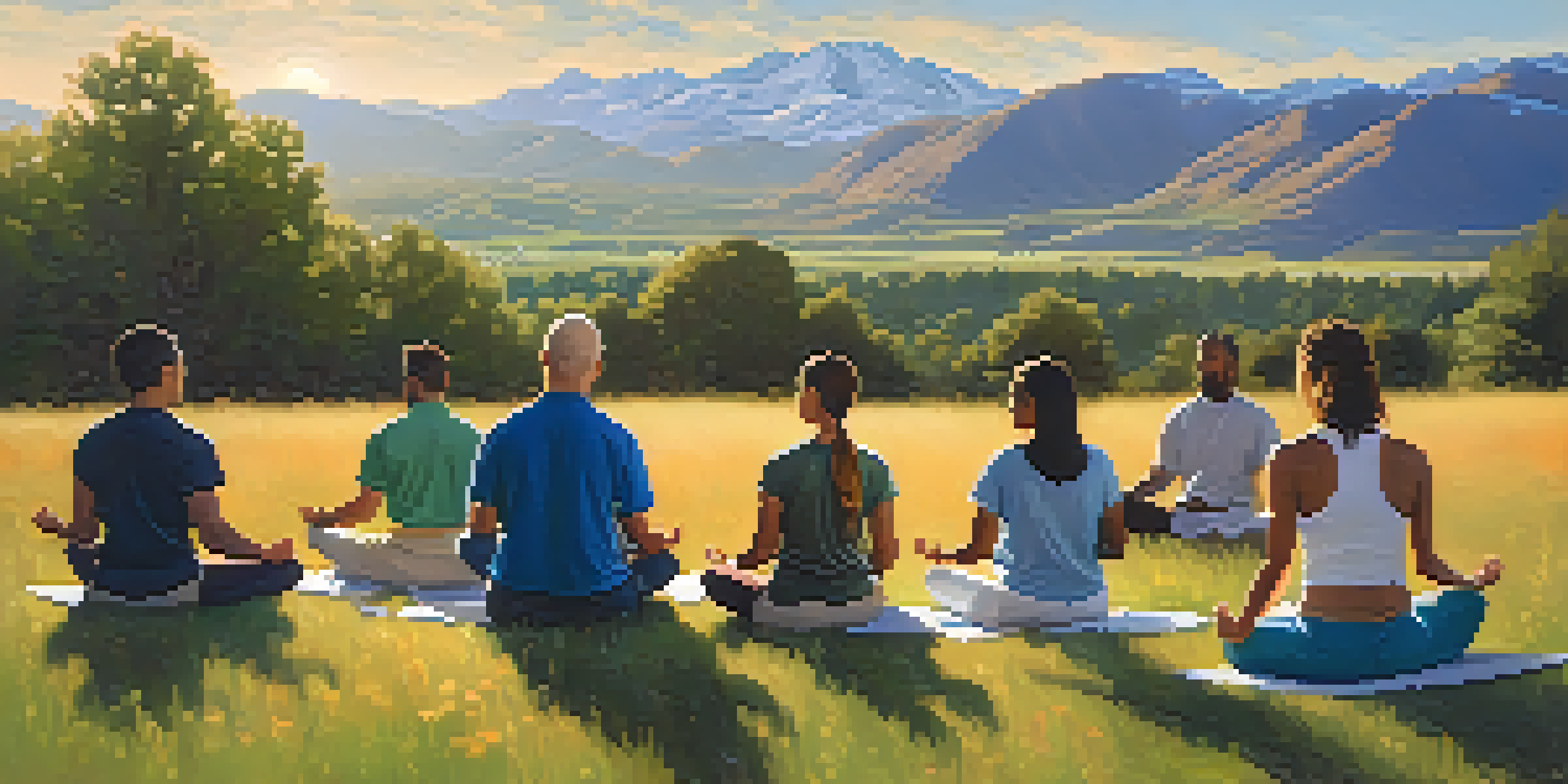 A group of individuals meditating on a hilltop in Boulder, Colorado, with mountains in the background and warm sunlight illuminating the scene.