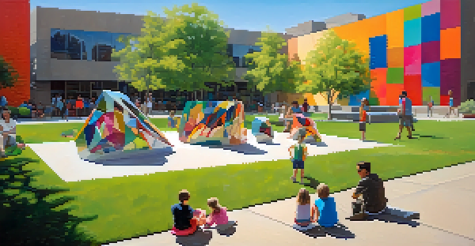 Families engaging with large outdoor art installations at the Boulder Museum of Contemporary Art on a sunny day.
