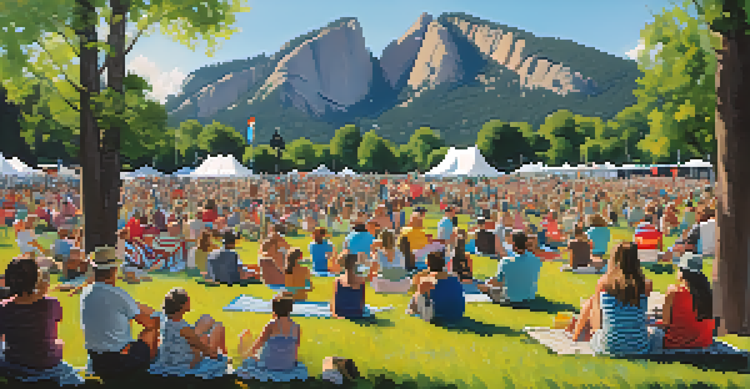 A vibrant summer concert at Chautauqua Park with attendees on blankets, the Flatirons mountains in the background, and colorful decorations.