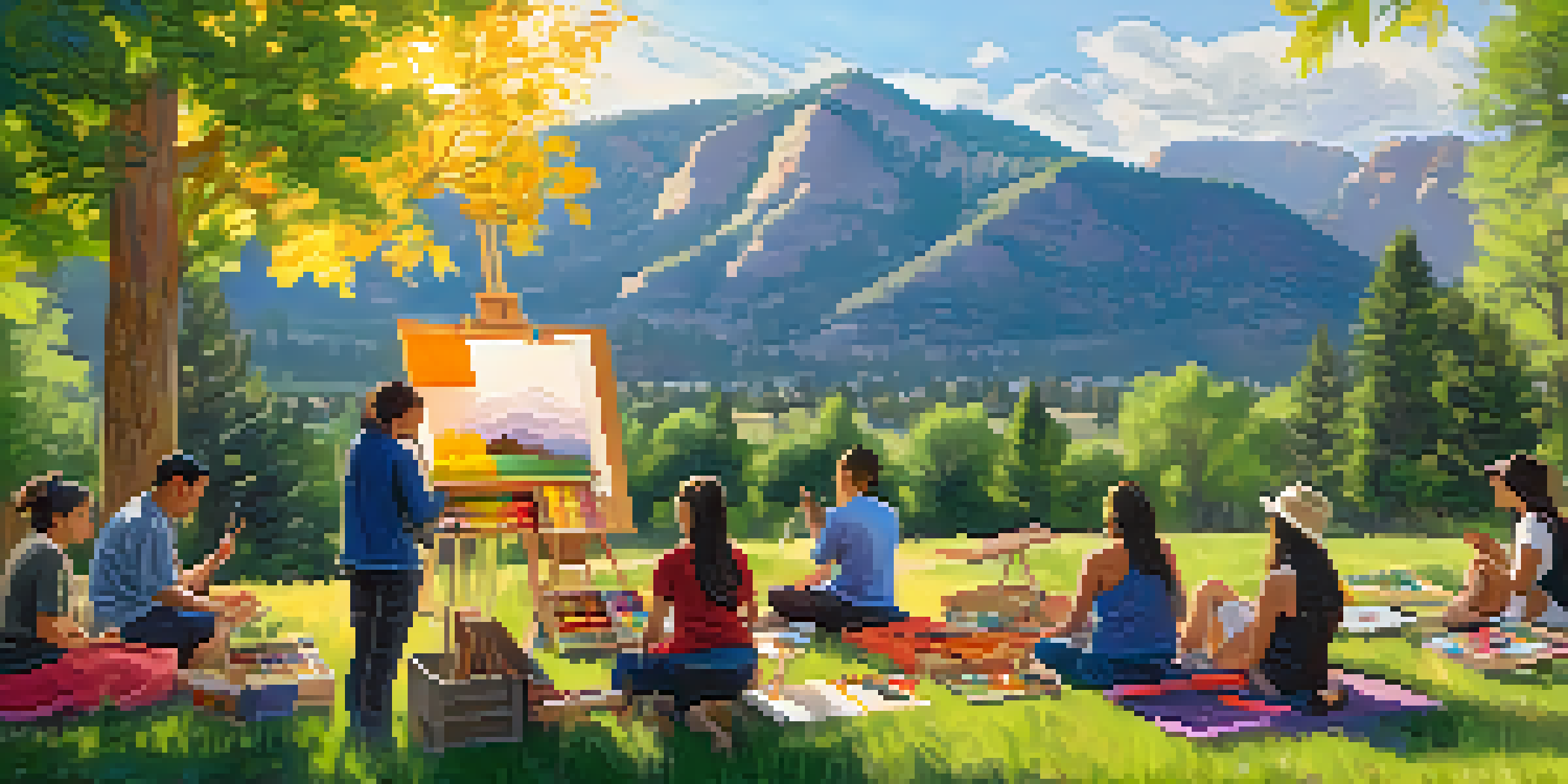A diverse group of participants engaged in a cultural exchange workshop, creating art together in a scenic outdoor setting with the Flatirons mountains in the background.