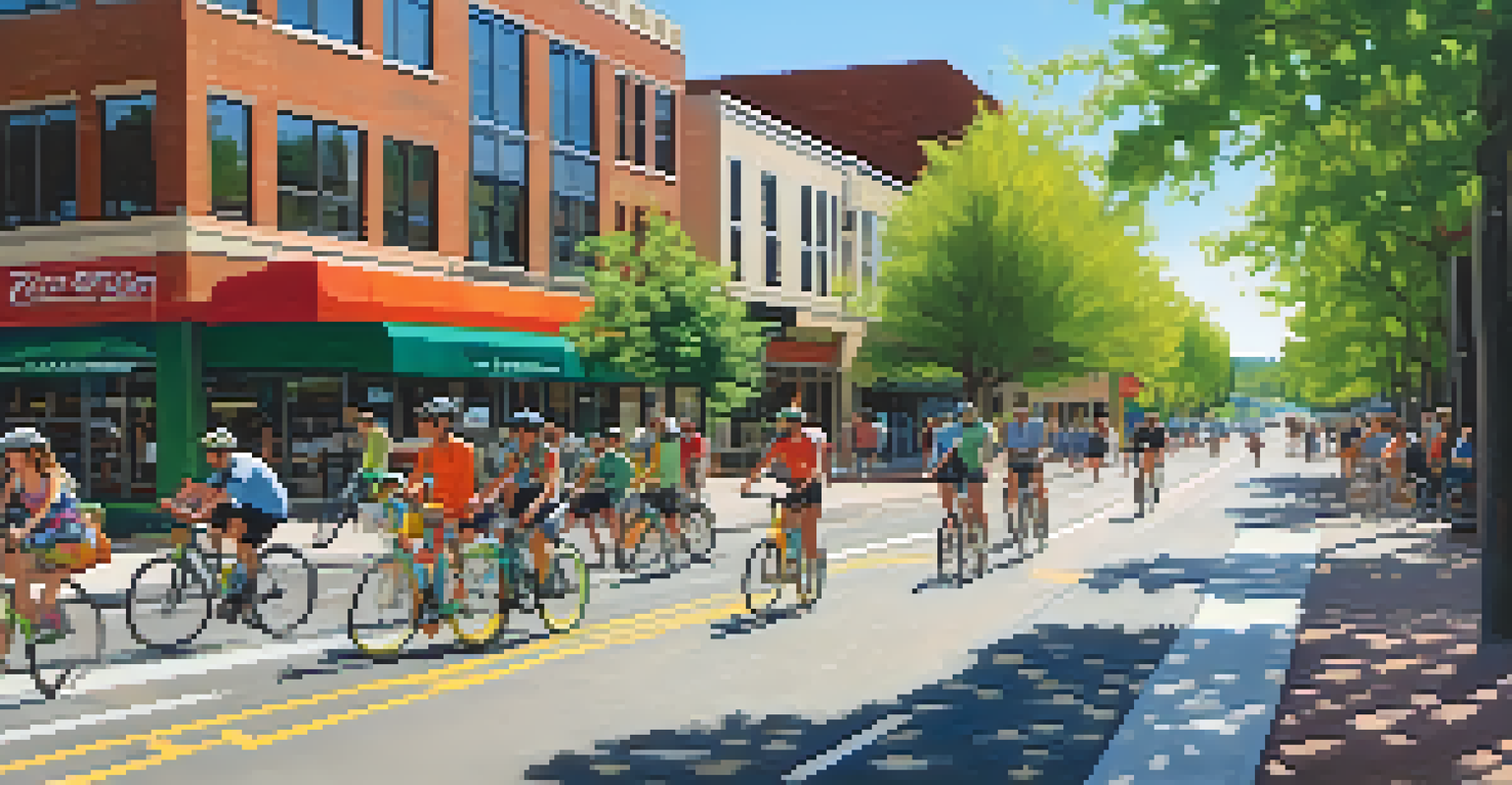A busy urban street in Boulder with cyclists, pedestrians, and a public transit bus, showcasing a sustainable transportation environment.