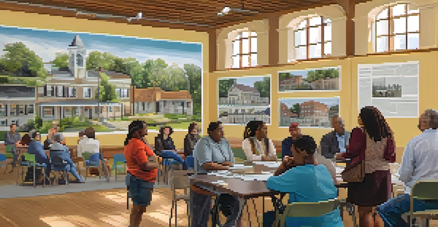 A community workshop on historic preservation with residents engaging in discussions and a speaker presenting in front of posters about historical buildings.