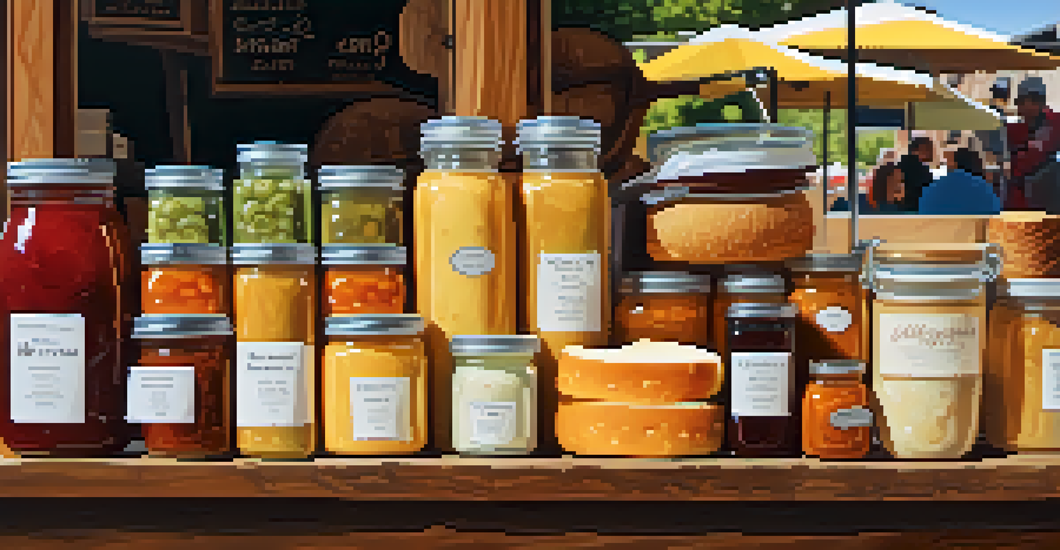 An artisanal food stall featuring handmade cheeses, gourmet jams, and freshly baked bread in a vibrant farmers market setting.
