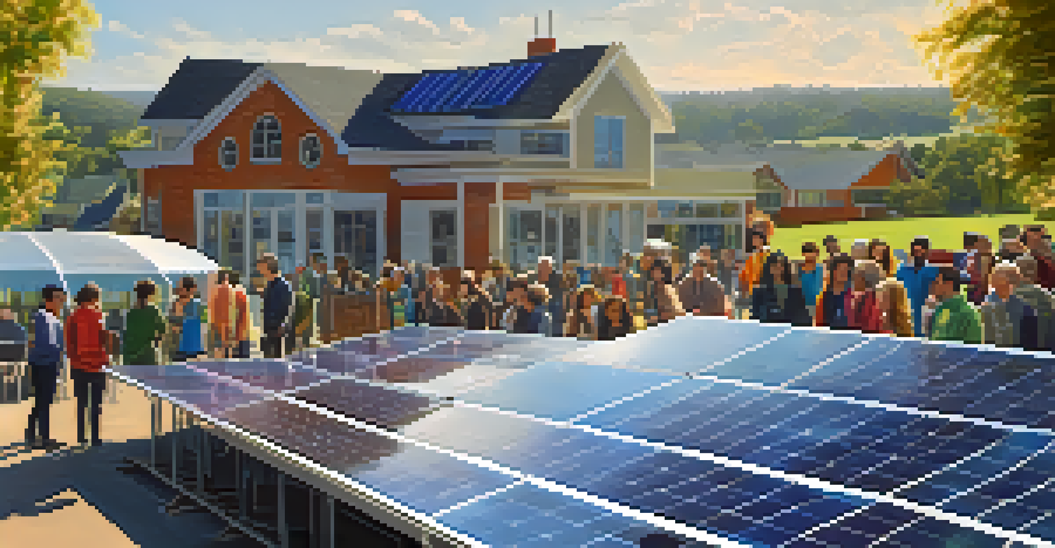 A close-up of solar panels with residents in a workshop discussing renewable energy, surrounded by colorful sustainability banners.