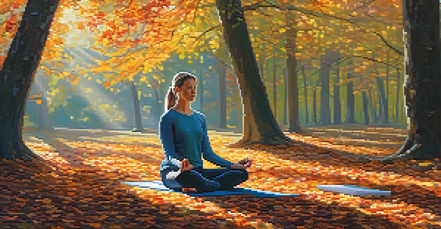 A person meditating on a yoga mat in a forest during autumn, surrounded by colorful leaves.