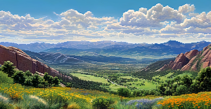 A scenic view of Boulder, Colorado, featuring green mountains and a variety of native plants under a bright sky.