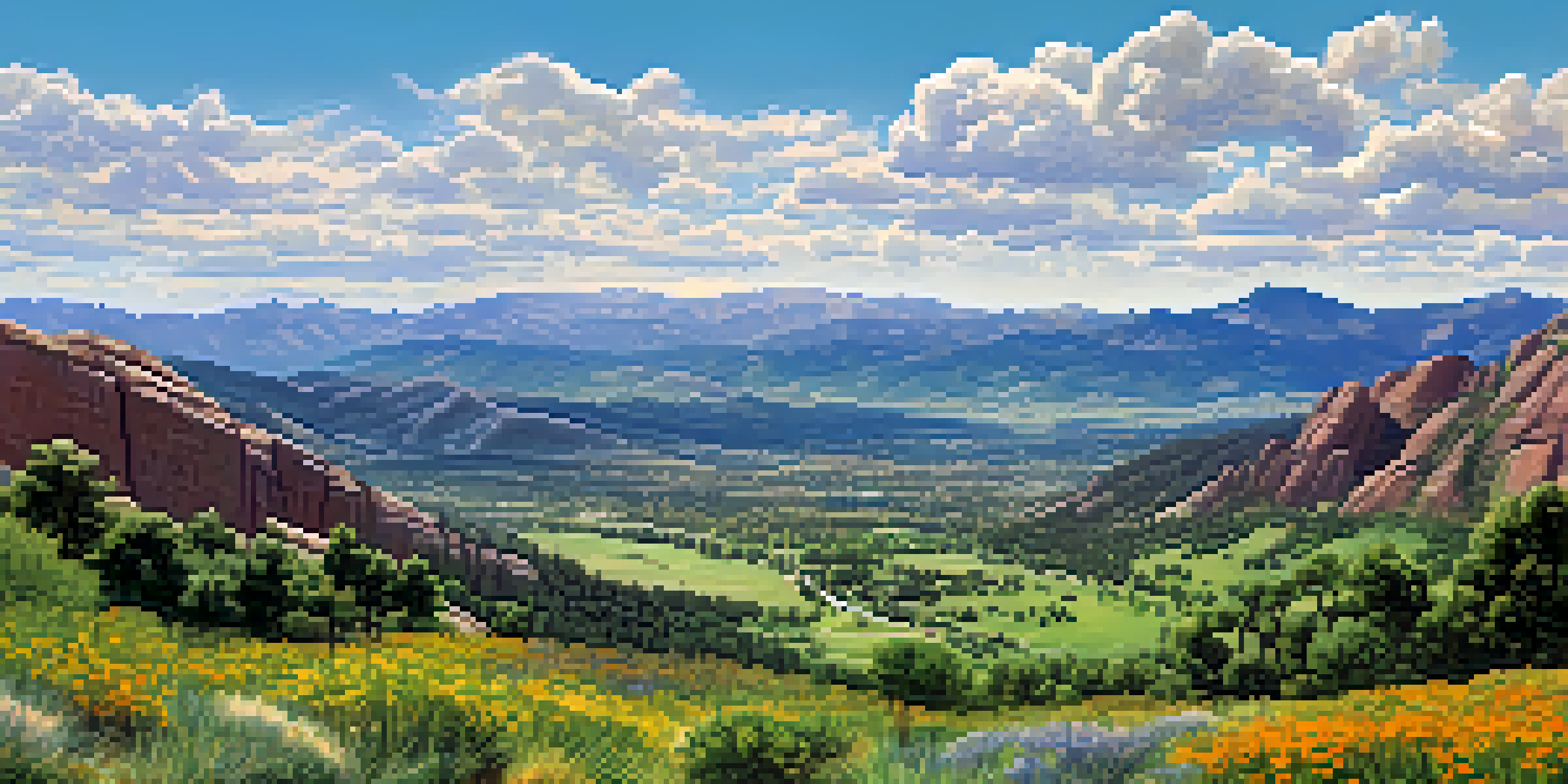A scenic view of Boulder, Colorado, featuring green mountains and a variety of native plants under a bright sky.