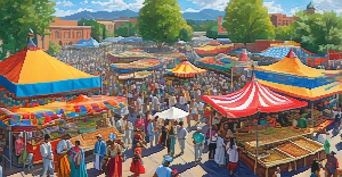 A lively festival scene in Boulder with diverse artisans, food vendors, and performers in traditional clothing.