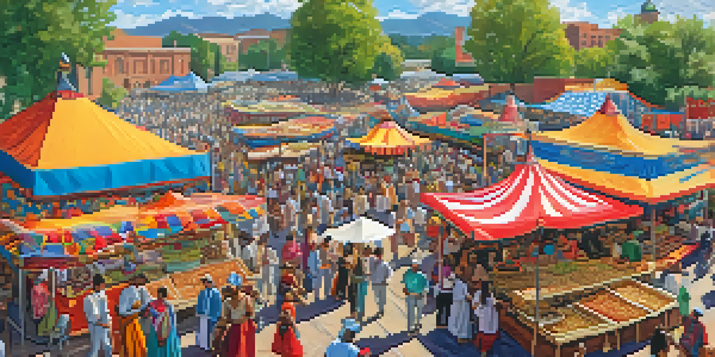A lively festival scene in Boulder with diverse artisans, food vendors, and performers in traditional clothing.