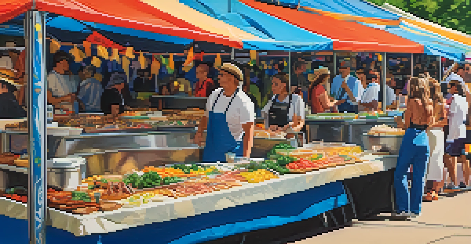 A colorful food vendor stall at Boulder’s Summer Music Festival featuring gourmet food options made from local ingredients, with attendees enjoying the culinary delights.