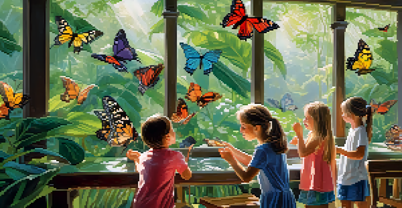 Children observing colorful butterflies in a lush conservatory at the Butterfly Pavilion, with sunlight filtering through the glass.