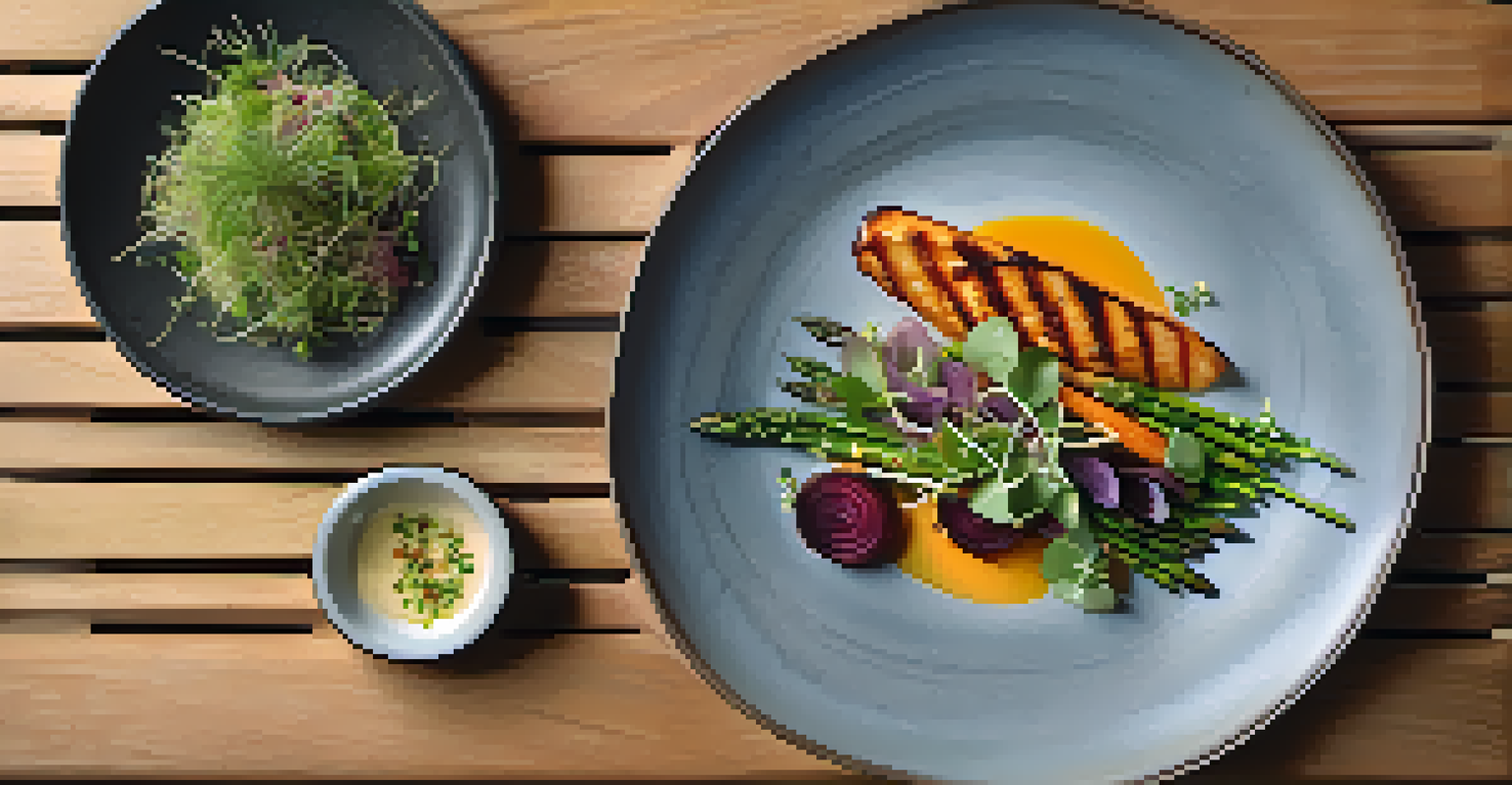 An overhead view of a beautifully plated seasonal dish with grilled asparagus and roasted vegetables, set in warm lighting.