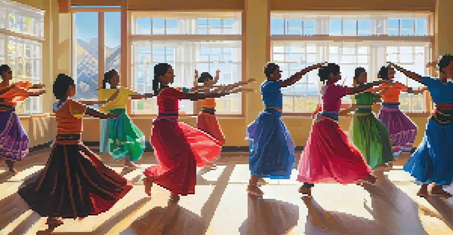 Participants learning a traditional dance in a bright workshop at the Boulder Community Cultural Center, surrounded by cultural art.