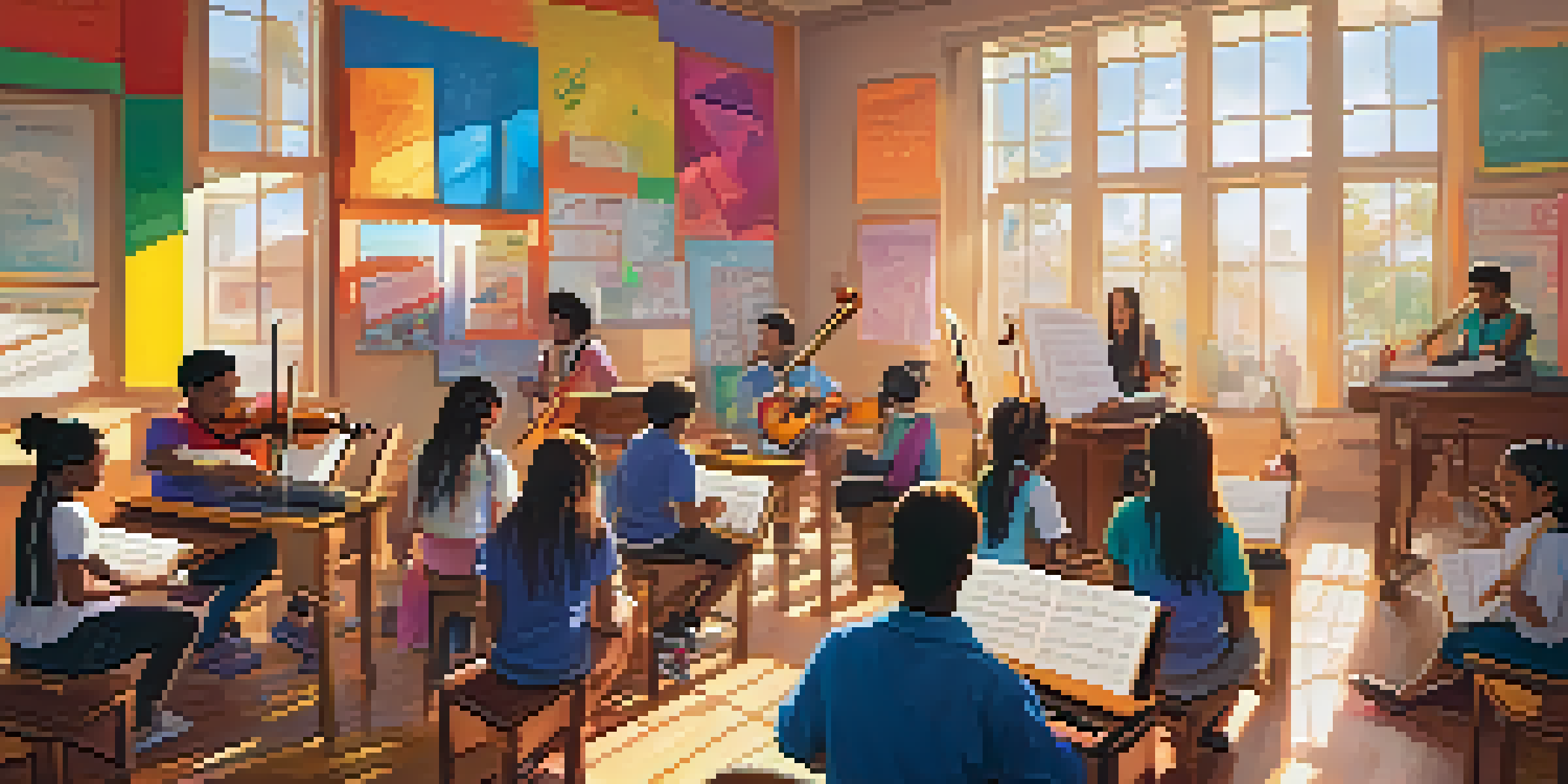A classroom filled with students of various backgrounds participating in a music workshop led by a musician. Sunlight shines through the windows, creating a lively environment.