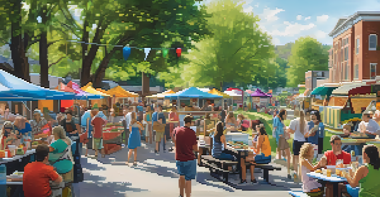 A food truck festival in Boulder with various food trucks, families enjoying meals, and live music in a scenic creek setting.