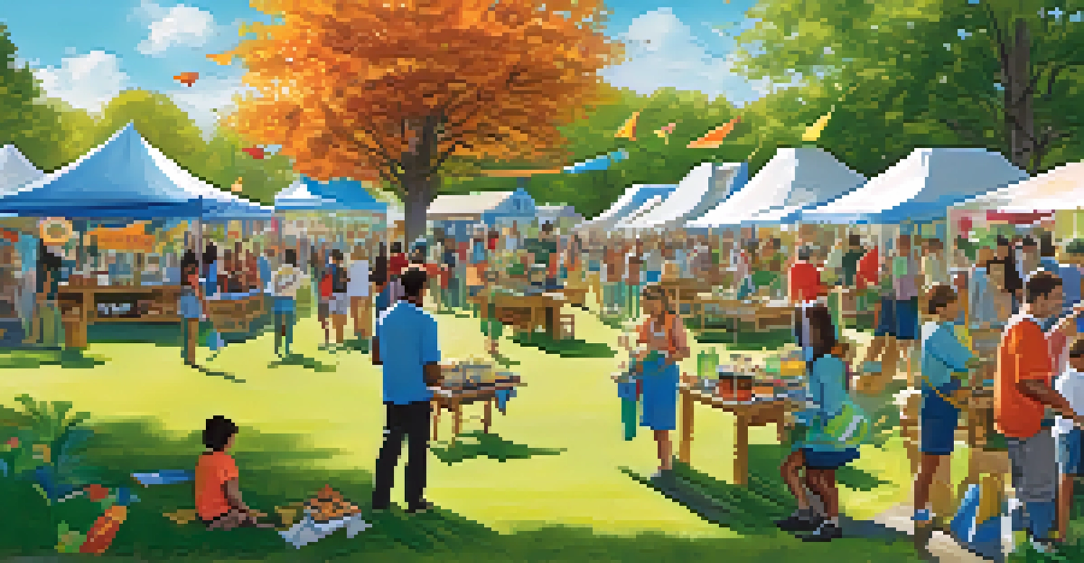 A sustainability festival in a park with families engaging in eco-friendly activities and colorful stalls.