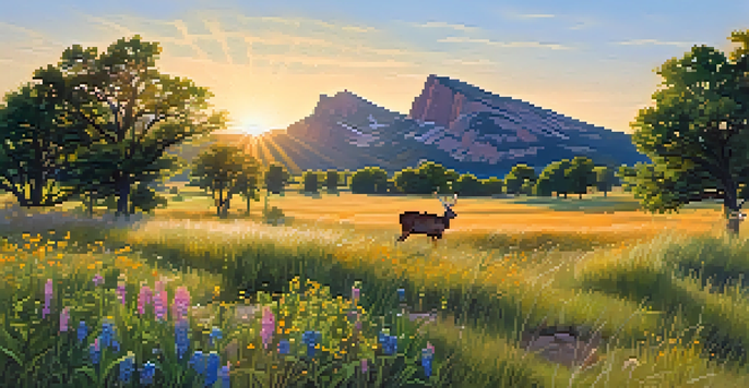 A peaceful scene of Chautauqua Park at sunrise, with wildflowers and grazing deer, and the Flatirons in the background.