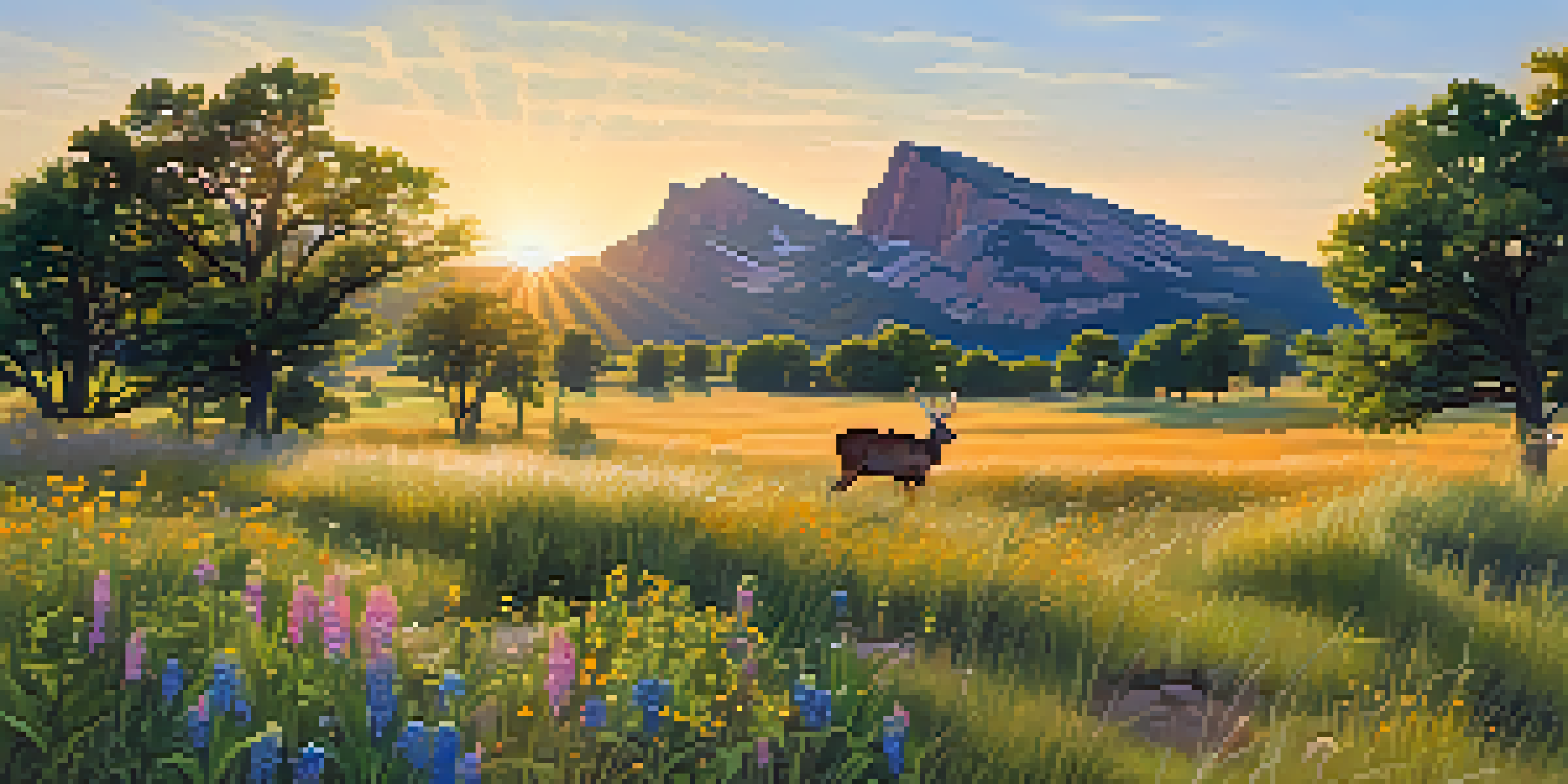 A peaceful scene of Chautauqua Park at sunrise, with wildflowers and grazing deer, and the Flatirons in the background.