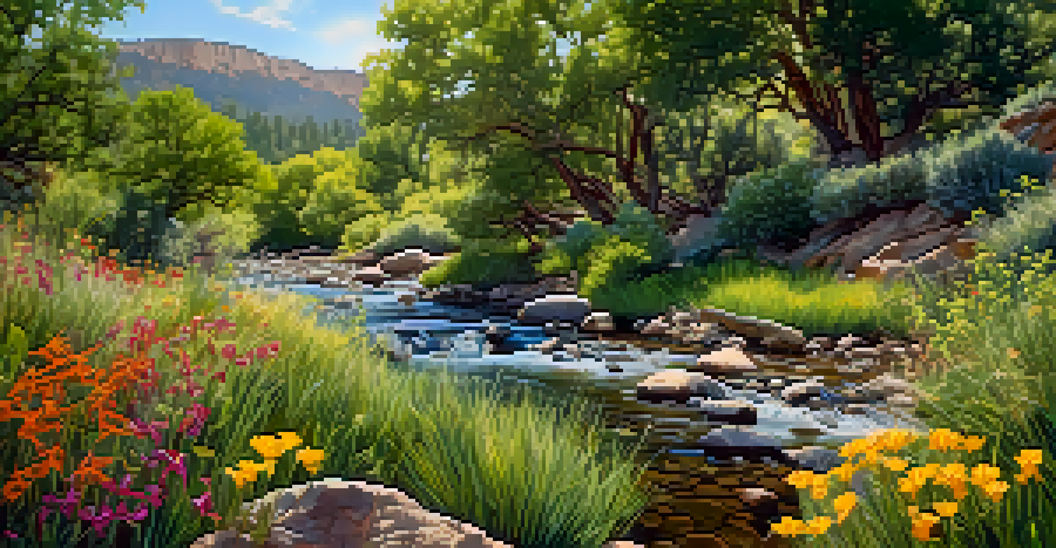 A close-up shot of diverse local flora and fauna near Boulder Creek, featuring lush vegetation and colorful wildlife.