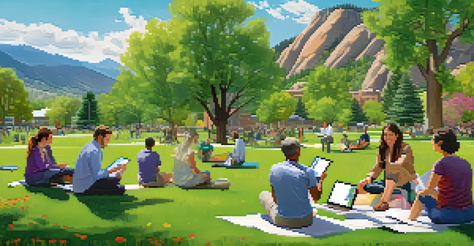 A diverse group of researchers and residents in a park in Boulder, Colorado, discussing public health ideas with mountains in the background.