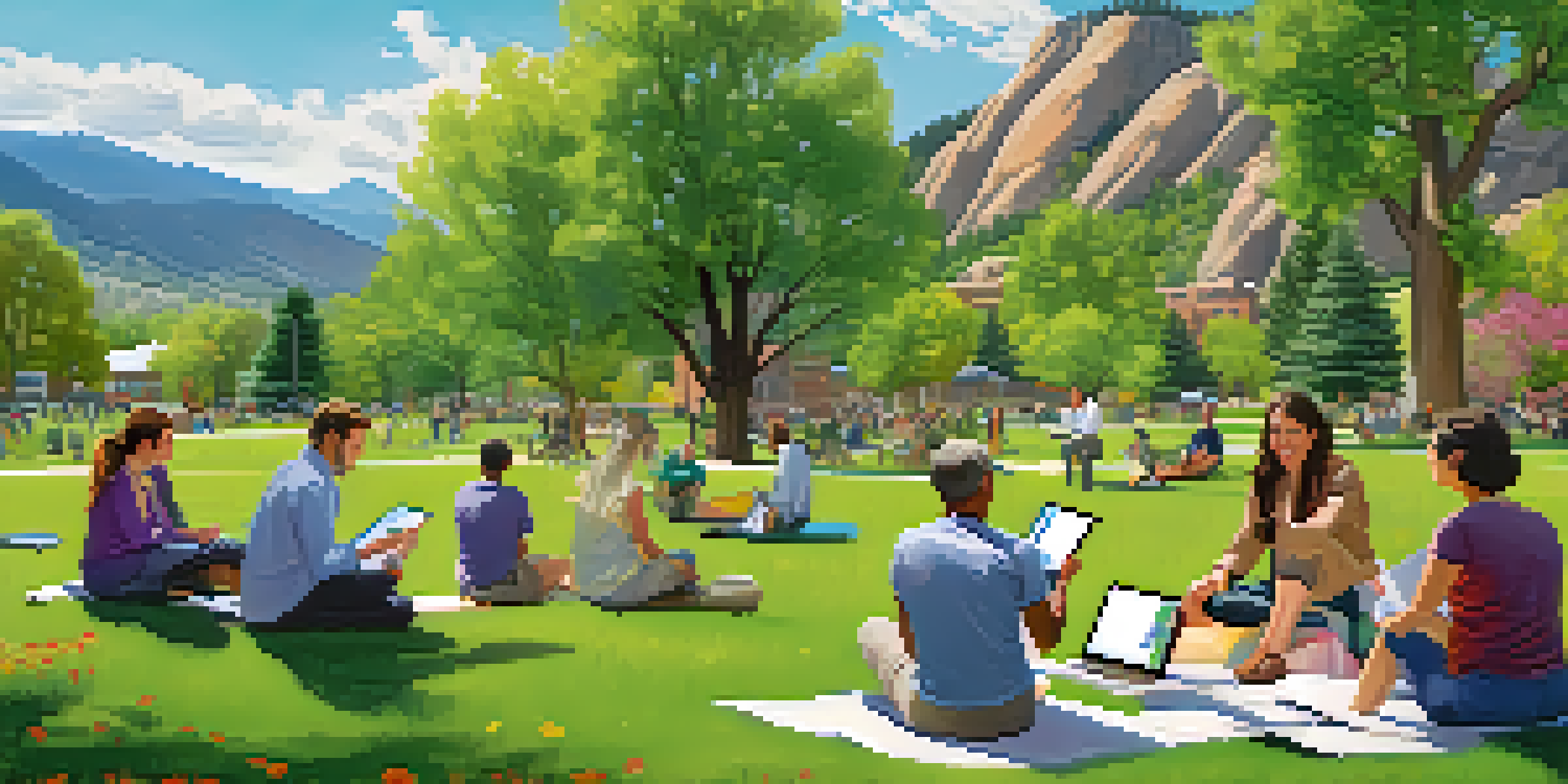 A diverse group of researchers and residents in a park in Boulder, Colorado, discussing public health ideas with mountains in the background.
