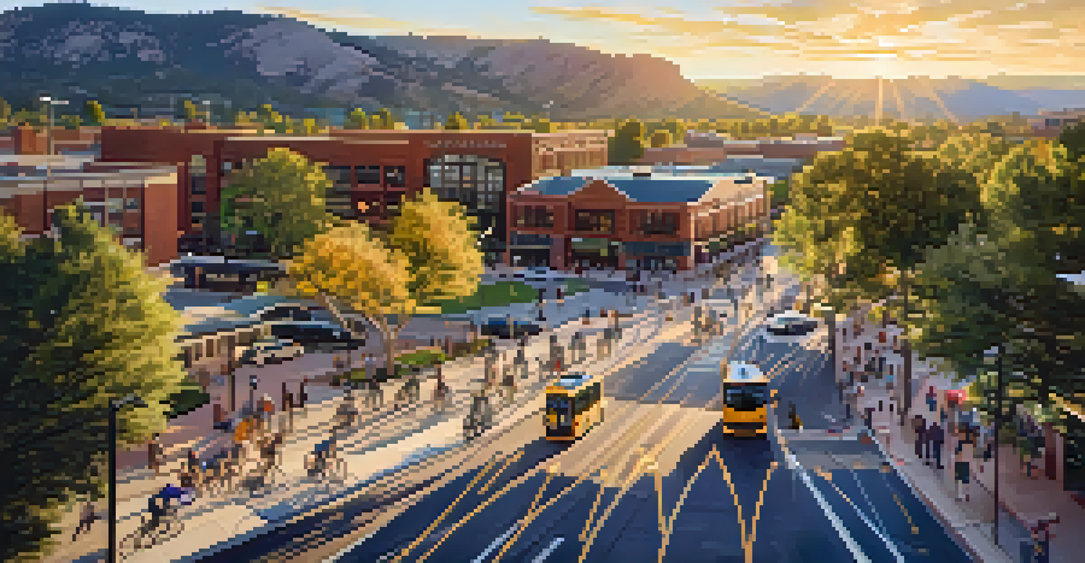 An aerial view of Boulder's transit infrastructure with buses, bike stations, and pedestrians.