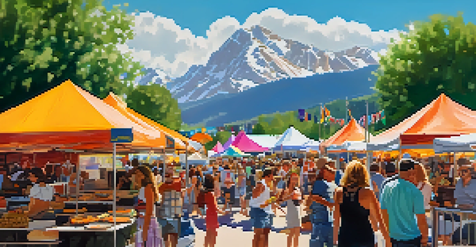 An outdoor food festival scene with colorful stalls and people enjoying meals, with mountains in the background.
