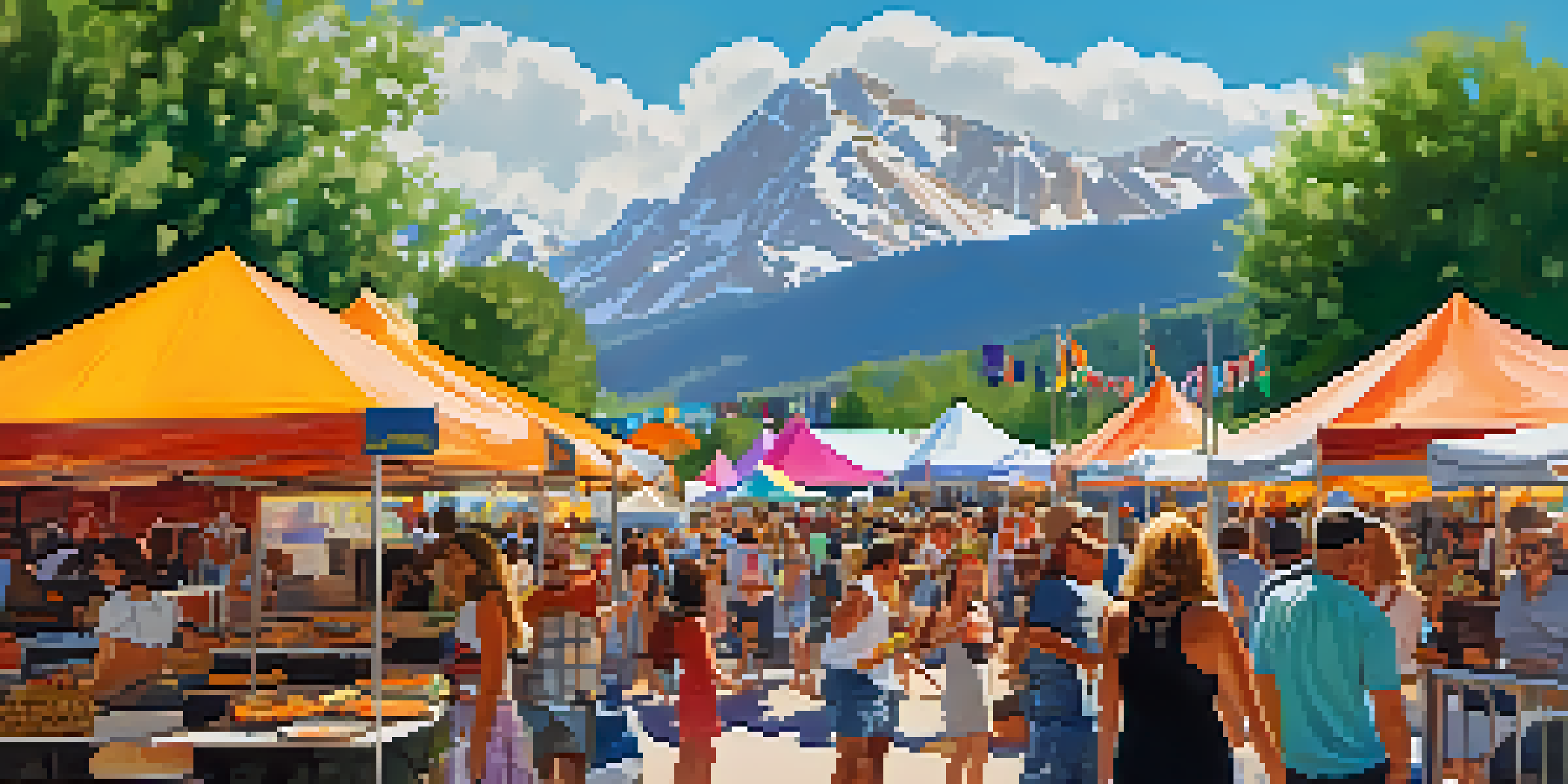 An outdoor food festival scene with colorful stalls and people enjoying meals, with mountains in the background.