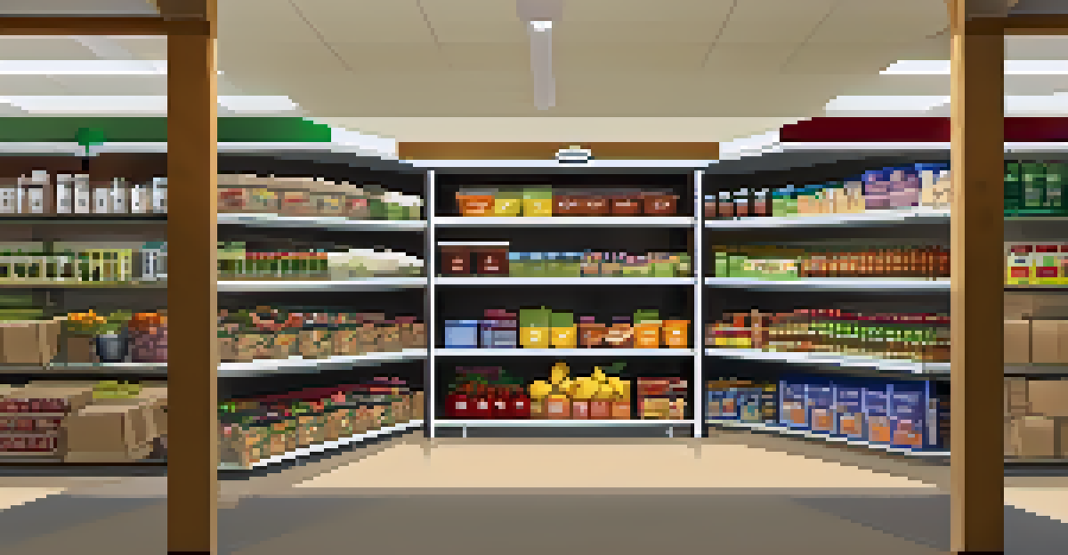 A local food pantry in Boulder filled with nutritious food, where volunteers are helping families in a warm and welcoming environment.