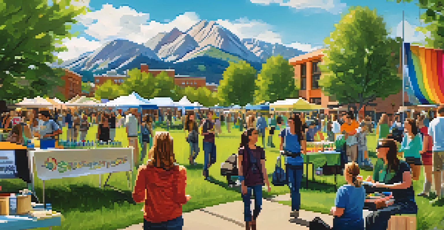 Community sustainability fair at CU Boulder with students and residents, eco-friendly booths, and the Flatirons mountains in the background.