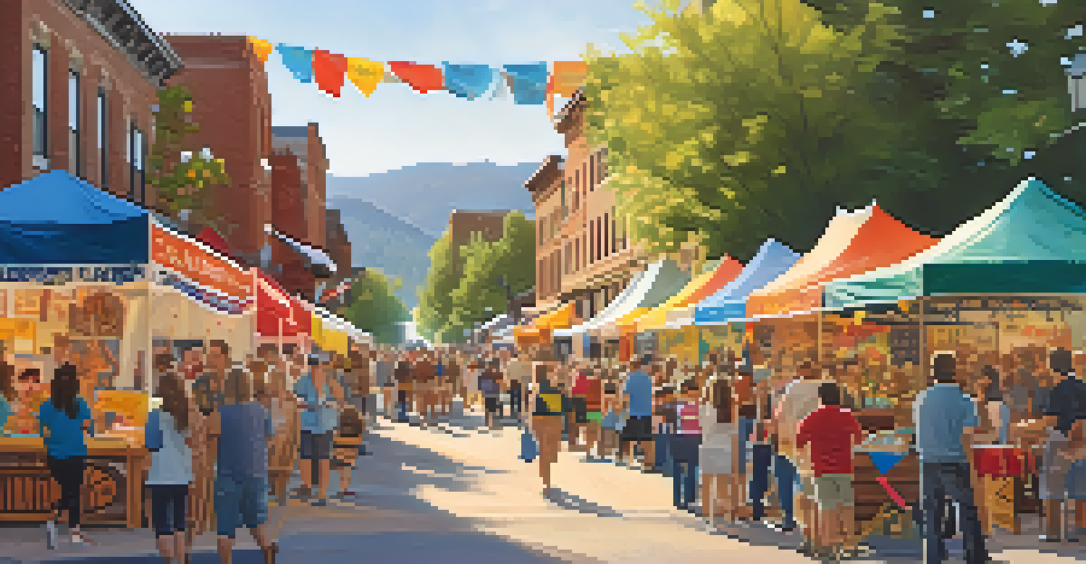 A vibrant community festival in Boulder's historic district with colorful stalls, locals enjoying festivities, and historic buildings in the background.