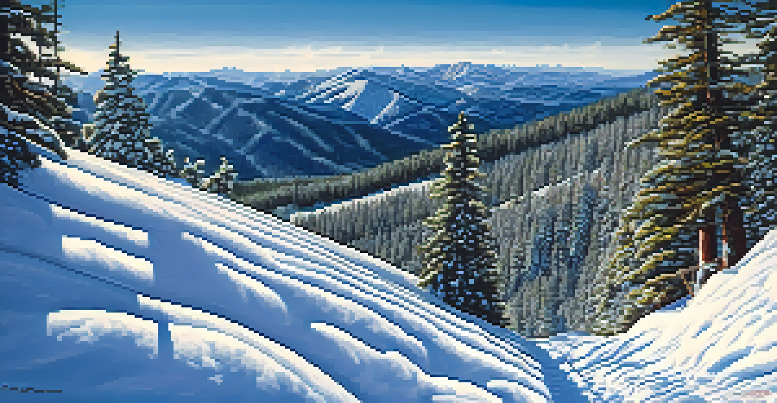 A snowshoer climbing the steep Bear Peak Trail, surrounded by pine trees and mountains under a blue sky.