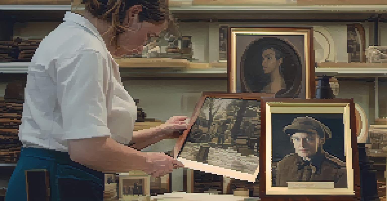 A volunteer preserving an old photograph in a workshop with historical artifacts around.