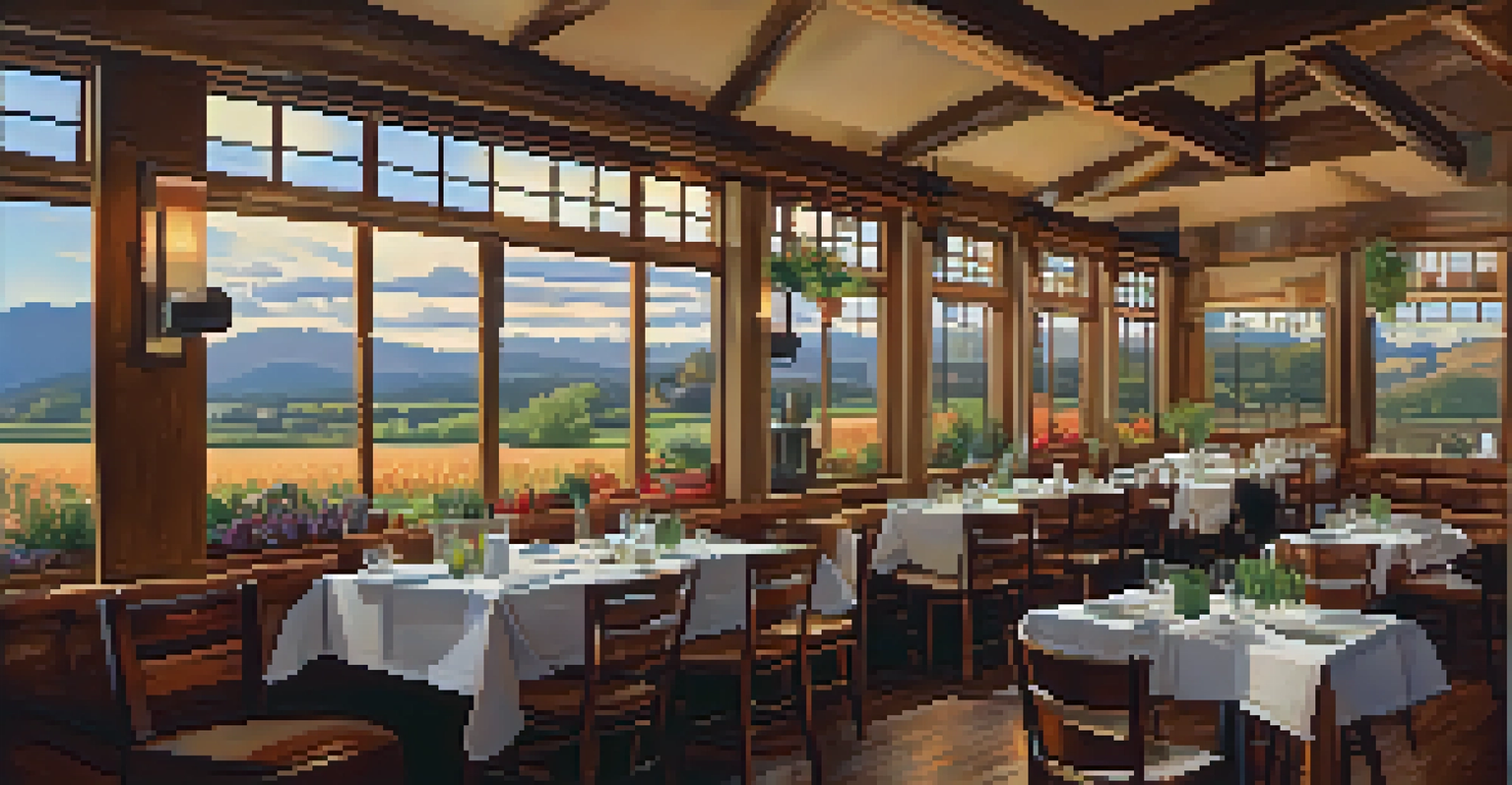 The interior of a cozy farm-to-table restaurant with wooden beams, soft lighting, and diners enjoying meals, with views of the Boulder landscape through large windows.