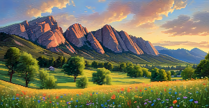 A family preparing an emergency kit on a picnic blanket in a meadow with the Flatirons mountains in the background at sunset.