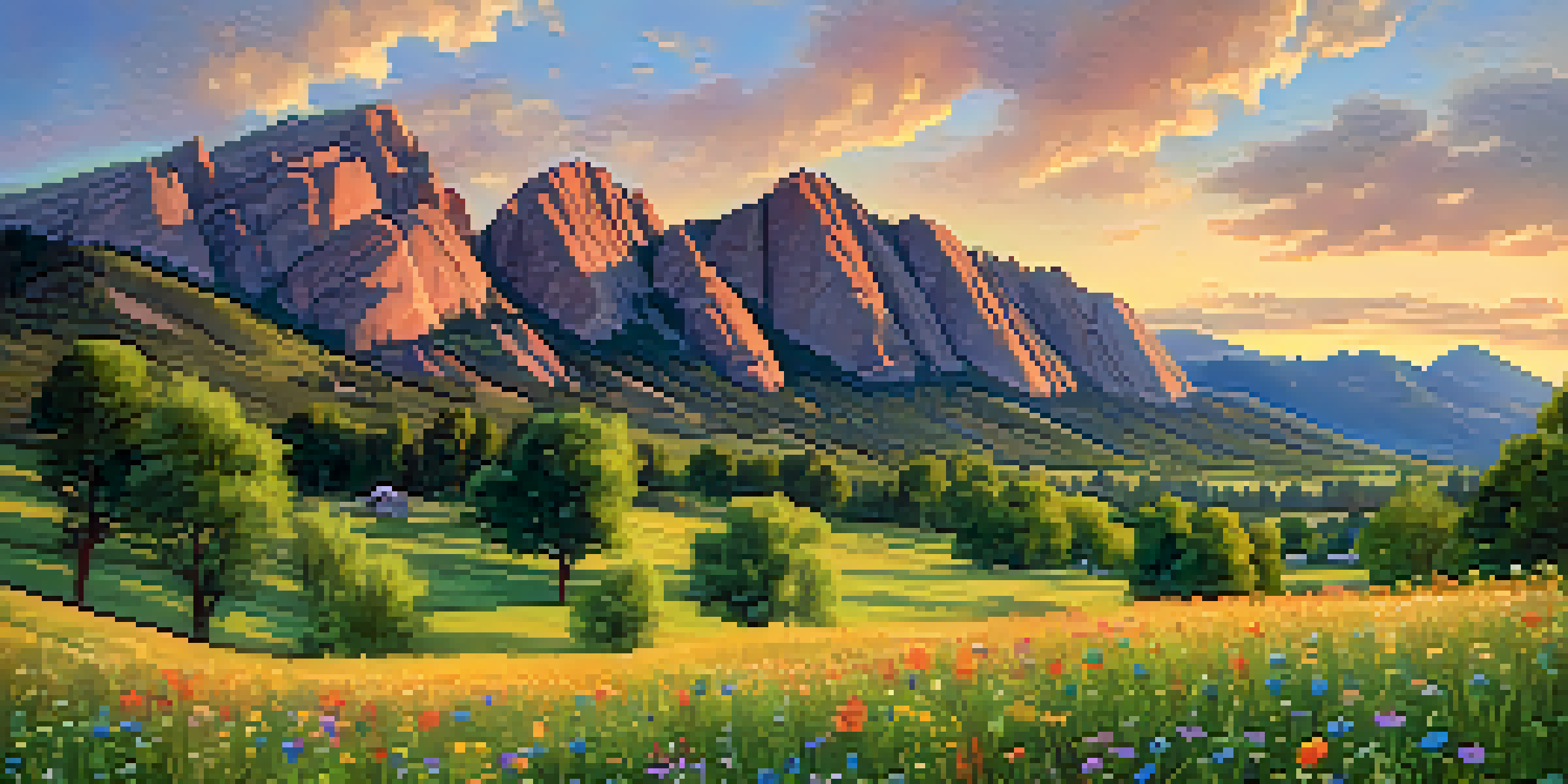 A family preparing an emergency kit on a picnic blanket in a meadow with the Flatirons mountains in the background at sunset.