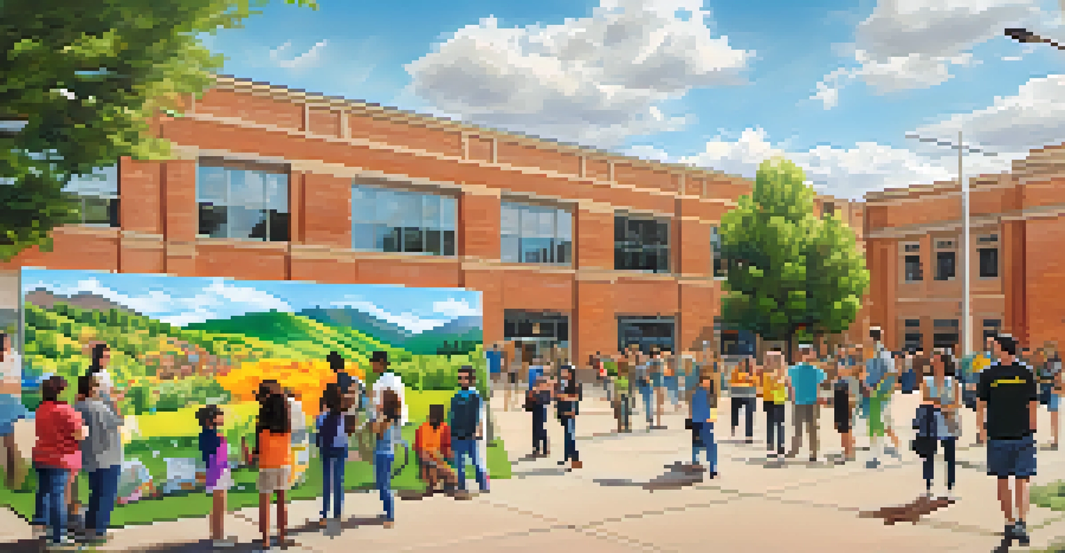 Students and community members working together on a public art installation at CU Boulder, surrounded by colorful murals and vibrant campus life.