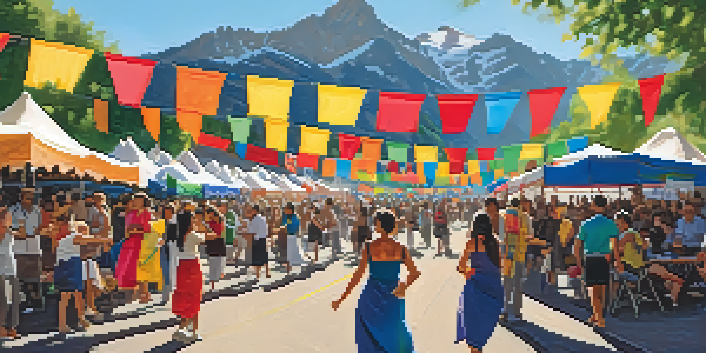 A lively community festival in Boulder with people enjoying cultural performances and diverse cuisines under a bright blue sky.