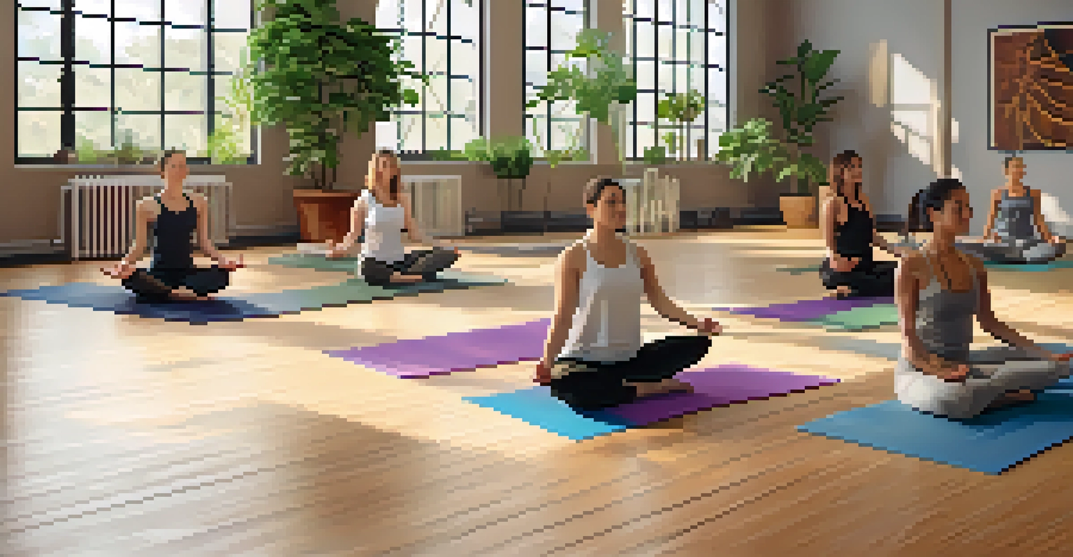 A yoga studio with people practicing yoga, surrounded by plants and natural light.