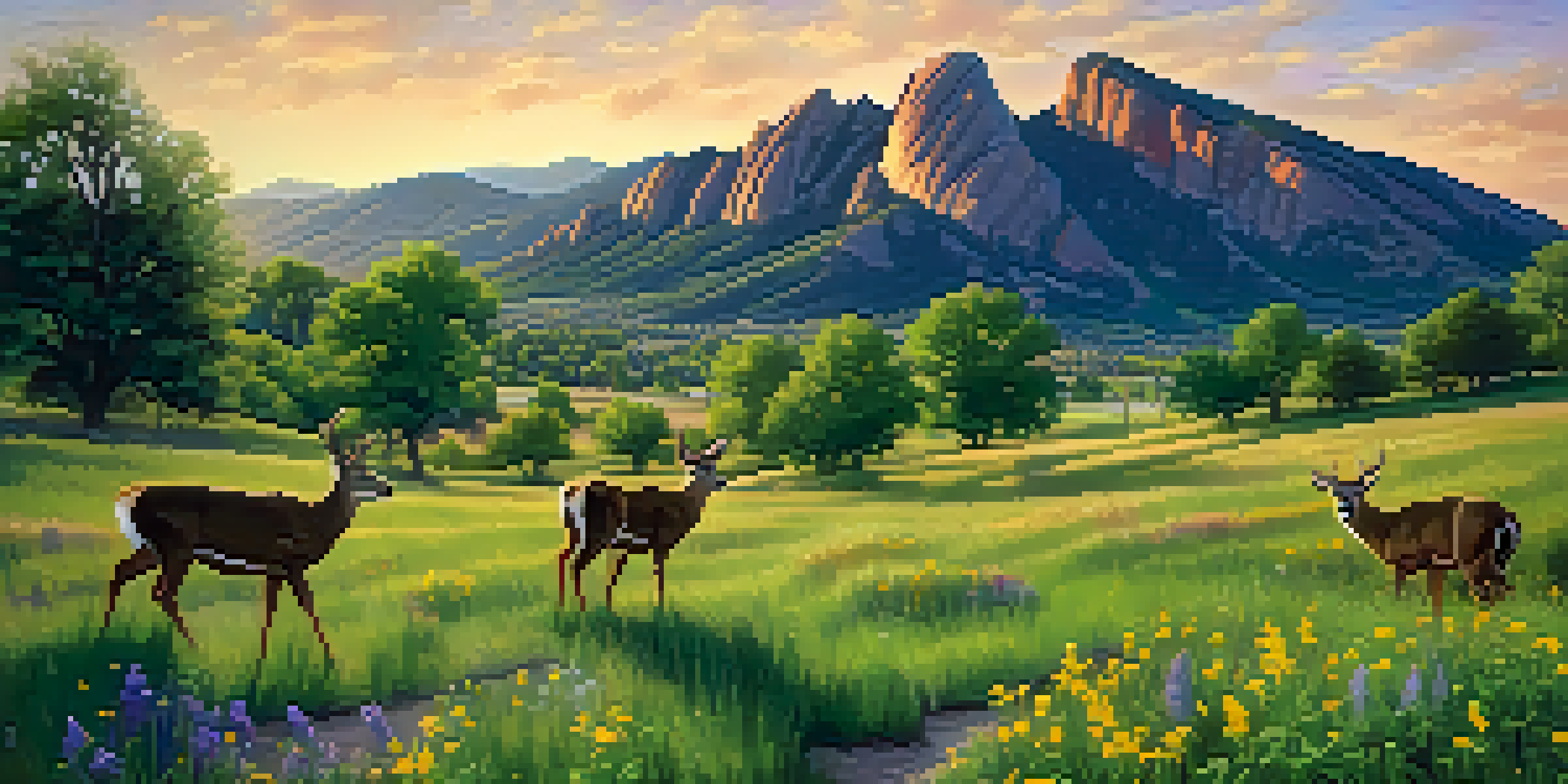 A scenic landscape of Boulder, Colorado with the Flatirons at sunset, including deer and wildflowers.