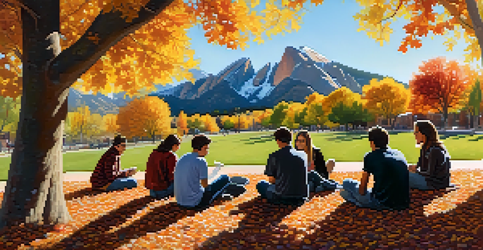 A group of diverse CU Boulder students studying together outdoors amid colorful fall leaves and the Flatirons in the background.