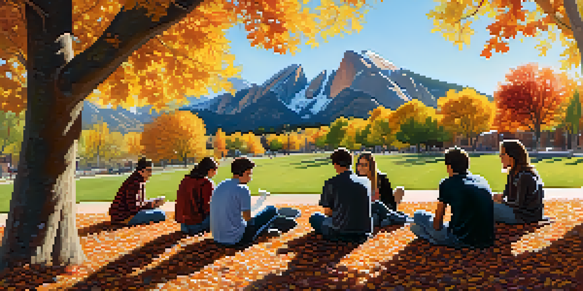A group of diverse CU Boulder students studying together outdoors amid colorful fall leaves and the Flatirons in the background.