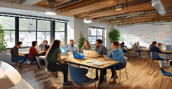 A lively coworking space with diverse tech professionals discussing and working together, illuminated by natural light.